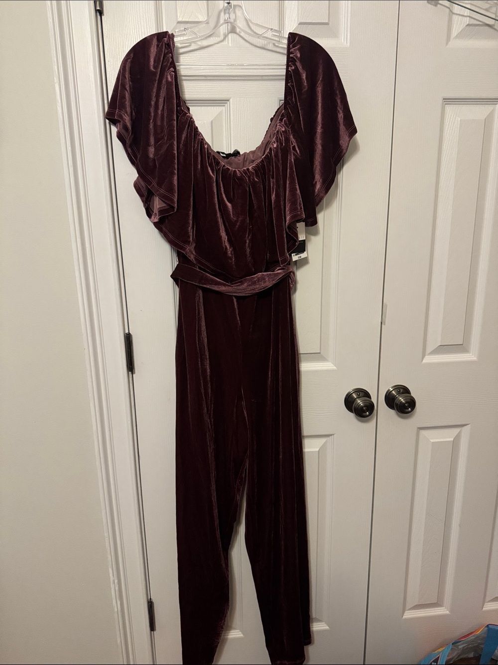 Eloquii Elements Velvet Off-Shoulder Jumpsuit in Deep Wine, Size 18